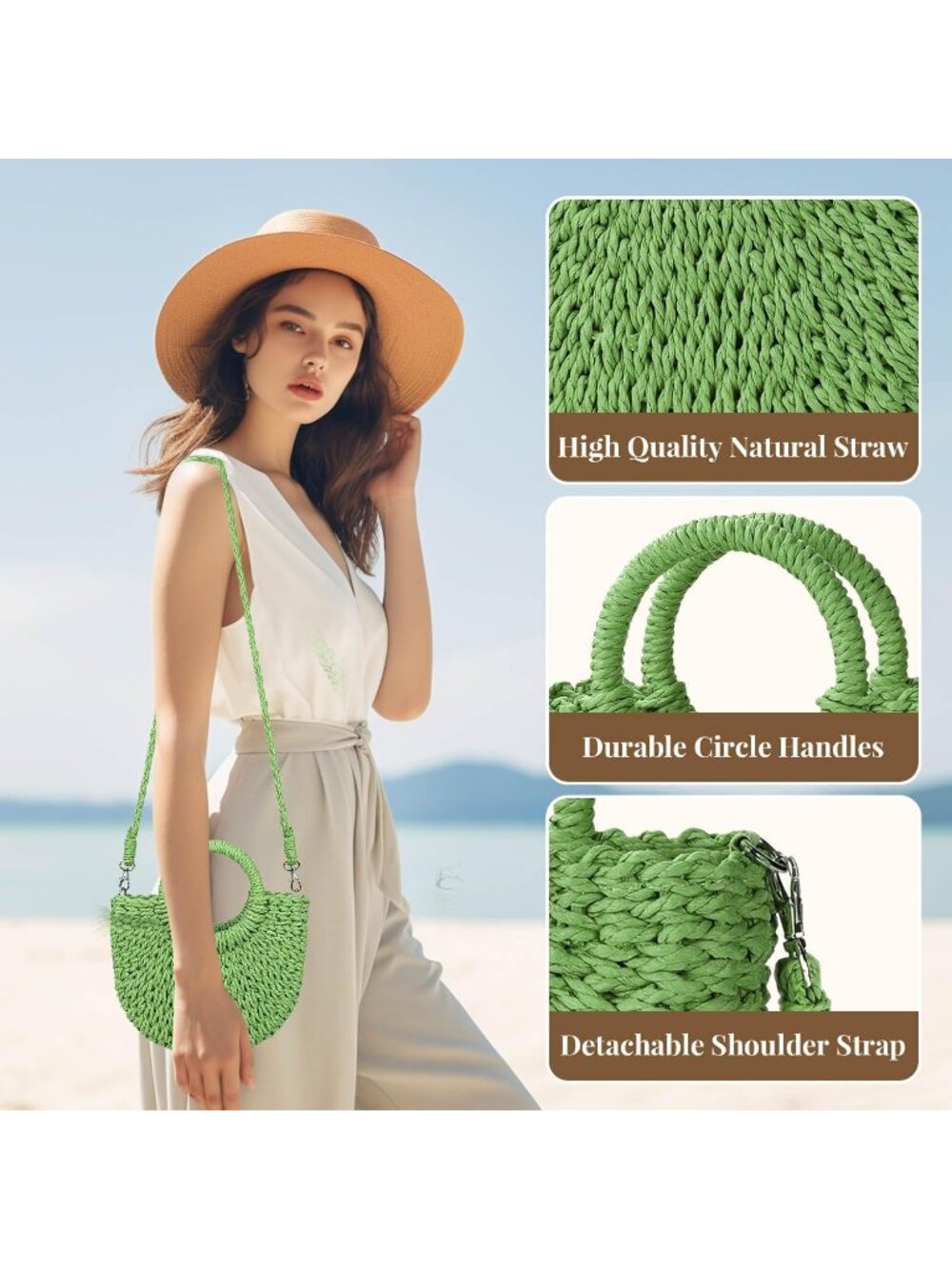 Women's Green Summer Beach Tote Purse Raffia Woven Crossbody Shoulder Bags - Picture 2 of 7